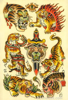 an old school tattoo design with tigers and lions