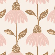 a pink and brown flower pattern on a light colored background, with small dots in the center