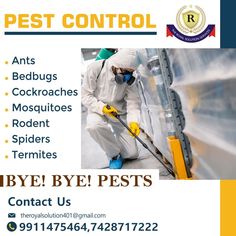 a pest control poster with the words bye bye pests and an image of a man in