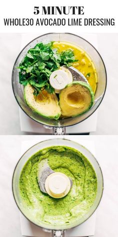 the steps to make avocado lime dressing in a food processor are shown here