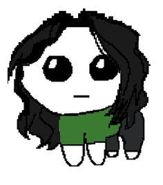 an animated girl with long black hair wearing a green scarf