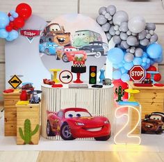 cars themed birthday party with balloons and decorations