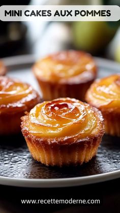 mini cakes are sitting on a plate with the title overlay reading mini cakes aux pommes