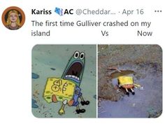 the first time gulliver crashed on my island vs now it's gone