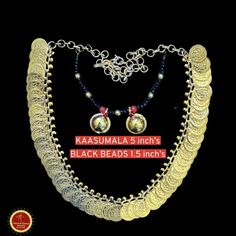 Design by Classical Dance Jewelry® ❥ Product Details: Designer Goddess Vara Lakshmi NECKLACE Medium size coins KAASUMALA NALLAPUSALU Pendant set ❥ Material is mixed alloys ❥ Color: white Gold and multi ❥ Beautiful Goddess Lakshmi is decorated with this jewelry. ❥ God Haram are a very beautiful accessory to add to your ammavaru. ❥ Completely Decorated with High Quality stones and metal ❥ It's handmade item so they might not close exactly like the sample picture ❥ We will send item that are in sto Traditional Adjustable Kundan Necklace For Festivals, Adjustable Kundan Necklace With Latkans For Festivals, Adjustable Traditional Kundan Necklace For Festivals, Traditional Black Necklace For Navratri, Traditional Coin Necklace For Festivals And Gifts, Traditional Black Temple Necklace For Festivals, Traditional Handmade Coin Necklace, Diwali Rituals Necklace With Motifs, Bollywood Mala With Latkans For Festivals