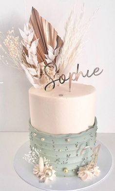 a white and blue cake with feathers on top that says sophure next to it