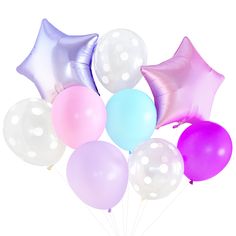 a bunch of balloons that are in the shape of stars and polka dots on a white background