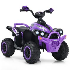 a purple and black toy atv is shown on a white background with its lights on