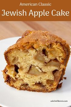 a close up of a muffin on a plate with the words american classic jewish apple cake