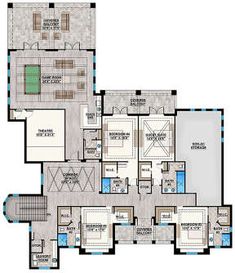 the floor plan for a four bedroom apartment with two bathrooms and three separate living areas