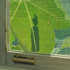 the shadow of a person on a green leaf is seen through a mesh window pane