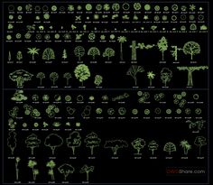 trees and shrubs are shown in green glow on a black background, with the names below them