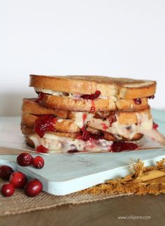 a sandwich with cranberry sauce and cheese on it sitting on a cutting board