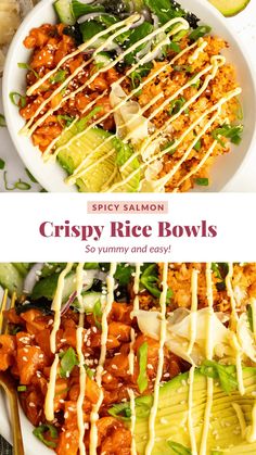 crispy rice bowls with avocado, lettuce and carrots on the side