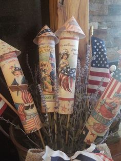 an arrangement of patriotic candles in a basket