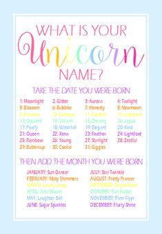 what is your unicorn name? printable poster for kids and adults, rainbow colors