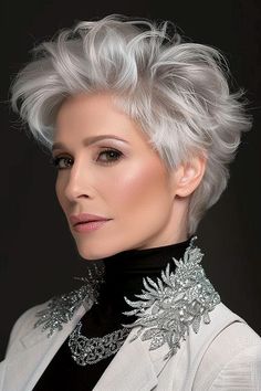 100 Elegant Pixie haircuts for older women For All Face Shapes. Number 71 is not What You Expect! White Hair With Lowlights Older Women, Short Silver Hair Pixie Cuts Older Women, Short Gray Hair Over 50, Grey Pixie Haircut, Curly Silver Hair, Bold Haircuts, Very Short Pixie Cuts, Short White Hair