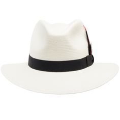 New York is a safari-style fedora made with lightweight finely woven straw and features a reinforced center dent crown, a wide brim, padded sweatband, and grosgrain hatband with a removable colorful feather. The craftsmanship of the New York is reminiscent of the fine weave found in Montecristi hats. The brim contains a wire to hold its shape. This item is a genuine Panama Hat handwoven in Ecuador. Material: 100% Toquilla StrawBrim: 2 7/8"Crown: 3 3/4" center dentHatband: 1 1/8" grosgrainClimate Toquilla Straw Fedora With Upf 50+, White Short Brim Fedora For Travel, Classic Fedora Hat With Upf 50+, Fitted White Fedora For Travel, White Fitted Fedora For Travel, White Curved Brim Fedora For Travel, Fitted White Travel Hat, Classic Panama Hat With Upf 50+ Short Brim, Classic Straw Hat With Upf 50+ And Short Brim