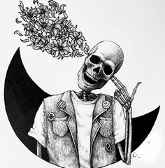 a drawing of a skeleton holding a flower in its mouth with the moon behind it