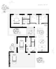 the floor plan for a modern house with two levels and an open living room, dining area