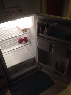 an open refrigerator with the door ajar and some food on it's shelf