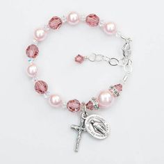 Baby Girl Baptism Gift  Swarovski Crystal Blush Rose and Mother's Day Pink Pearl Bracelets, Adjustable Pink Jewelry For Baptism, Elegant Pink Bracelets For First Communion, Pink Pearl Bracelets For Mother's Day, Personalized Pink Pearl Bracelet With Round Beads, Personalized Pink Rosary Bracelet For Baptism, Personalized Pink Beaded Bracelets For Wedding, Adjustable Pink Rosary Bracelet For First Communion, Pink Beaded Jewelry For First Communion