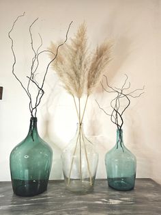 three vases with dried plants in them on a table