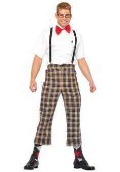 a man in plaid pants and red bow tie is standing with his hands on his hips