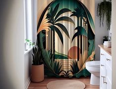 a bathroom with a shower curtain that has palm trees on it and a sunset in the background