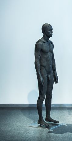 a statue is standing in the middle of a room with white walls and flooring