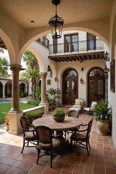 an outdoor dining area with potted plants on the table