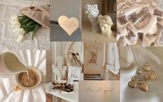 a collage of pictures with flowers, jewelry and other things on display in them