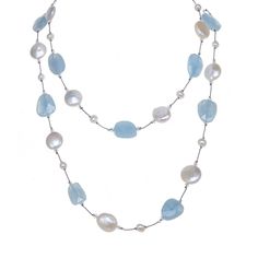 Coin shaped freshwater cultured pearls and faceted aquamarine are accented with Swarovski crystals in this gemstone necklace. Wear it long and layered, or double it up. From the Margo Morrison collection.AquamarinesFreshwater cultured coin pearlsSwarovski crystalsLength overall 35 inchesHand-strung and knotted on cocoa colored cordSignature sterling silver toggle clasp closureDesign by Margo MorrisonMade In New YorkNina: "A refreshing and spring-time-y necklace that can be worn with jeans, wrapp Elegant Light Blue Necklaces With Natural Stones, Elegant Light Blue Necklace With Natural Stones, Blue Gemstone Pearl Necklace, Elegant Blue Topaz Necklace With Natural Stones, Elegant Necklace With Blue Topaz And Natural Stones, Elegant Aquamarine Faceted Necklace, Light Blue Faceted Beads Elegant Jewelry, Elegant Light Blue Jewelry With Faceted Beads, Elegant Light Blue Pearl Jewelry