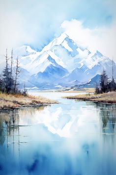 a painting of a mountain range reflected in the water