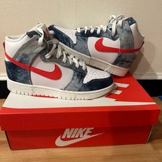 Never Worn Nike Dunks White, Denim And Redish Orange Super Cute Brand New High Top Dunks, Nike Dunk High Women, Nike Dunk High, Dunk High, Blue Sneakers, Nike Dunk Low, Washed Denim, Nike Air Zoom, Nike Air Max 90