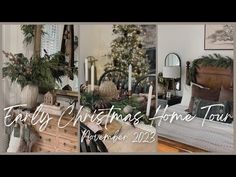 a living room filled with lots of furniture and christmas decorations on top of a wooden table