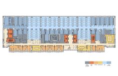 the floor plan for an office building with multiple floors and several rooms, all in different colors