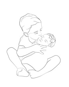 a black and white drawing of a boy holding a baby in his arms while sitting on the floor