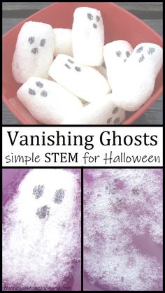 there are some white marshmallows with black dots on them and the words vanishing ghosts