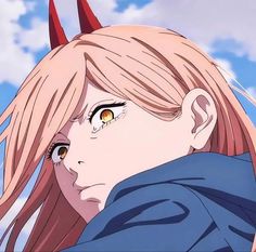 an anime character with long blonde hair and horns on her head looking at the sky