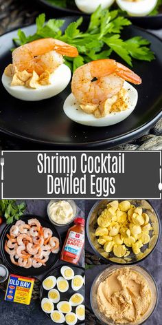 shrimp cocktail deviled eggs on a black plate