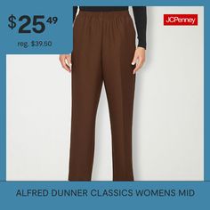 Alfred Dunner is known for their modern tailoring and style, and this pair of women's pants stay true to the brand's heritage. Made from a soft woven fabric in a relaxed-fit with straight legs, they have a comfortable elastic-waistband, a pleated front, and side pockets. Wear with a button-down or t-shirt and flat shoes.Front Style: Flat FrontFeatures: EssentialsClosure Type: Full ElasticFit: Relaxed FitPockets: 2 Side Slip PocketsRise: Mid RiseFiber Content: 100% PolyesterFabric Description: W… Elegant Pull-on Pants For Daywear, Classic Fitted Wide Leg Pants With Elastic Waistband, Classic Bottoms For Daywear, Classic Long Pants For Daywear, Tailored Classic Daywear Bottoms, Classic Non-stretch Straight Leg Pants, Classic Tailored Bottoms For Daywear, Classic Solid Bottoms With Elastic Waistband, Classic Fitted Bottoms For Daywear