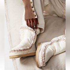 Style No. 83897421; Color Code: 010 Color: Waxi White Size: Us 6 Eu 37 You’re The Coziest In These Handmade, Sherpa-Lined Boots From Mou, Featured In A Chunky Style With 3d Wool Overstitching For An Extra Dose Of Detail. Features: Mid-Calf Length, Hand-Crafted, Leather Uppers, Round Toe, Trademark Hand-Crocheted Wool Stitching, Supportive Heel Counter, Eva Midsole, Rubber Outdoor Sole Mou Shoes, Fabric Boots, Green Flats, Shearling Slippers, Criss Cross Sandals, Grey Booties, Crochet Wool, Sheepskin Boots, Boot Brands