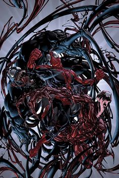 the amazing spider - man is surrounded by his webs in this art work, which depicts