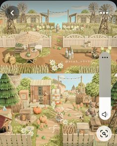 an image of a game screen showing the farm scene and its surroundings in different stages