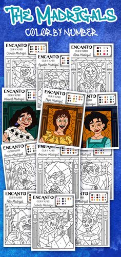 an adult coloring book with pictures of people and numbers on the pages, which are in color