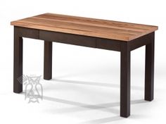 a wooden table sitting on top of a white floor