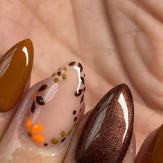 Nail For September, Autumn Nail Designs Almond, Fall Time Nails Designs, Beginner Fall Nail Designs, October Themed Nails, Witchy Autumn Nails, October Nail Art Designs, Funky Autumn Nails, Almond Nails Designs Autumn