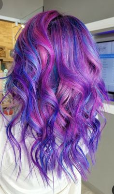 Pink And Purple And Blue Hair, Blonde Pink Purple Blue Hair, Pink And Blue Hair Dye Ideas, Pastel Galaxy Hair, Purple With Pink Highlights, Blue Hair With Pink Highlights, Blue Hair With Blonde Highlights, Purple And Pink Hair Color Ideas, Blue And Pink Hair Ideas