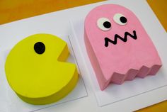 two cakes made to look like pacman and ghost